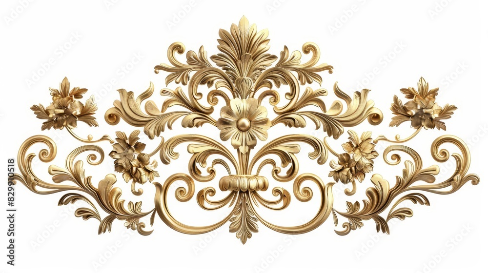 Wall mural intricate golden baroque ornamental design with elegant floral details isolated on white background 