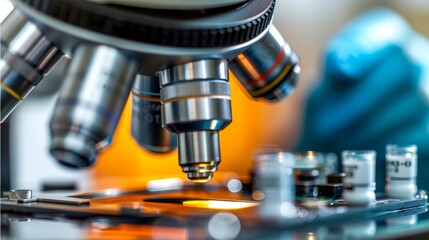 Close-up of a microscope with its lens focused on a sample, highlighting laboratory research and science