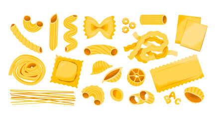 Various types of pasta set. Italian healthy cuisine. Different kind of classic pasta. 
