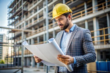 young male architect in yellow helmet holding blueprint at construction site,construction concept
