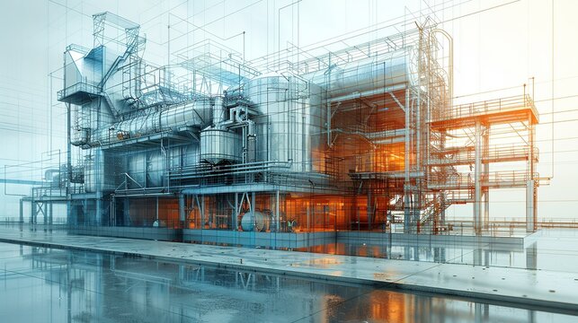Construction sketches of industrial separators merged with images of functioning separators. Minimal and Simple style