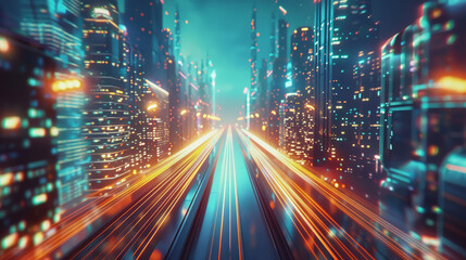 Futuristic city highway with bright neon lights at high speed