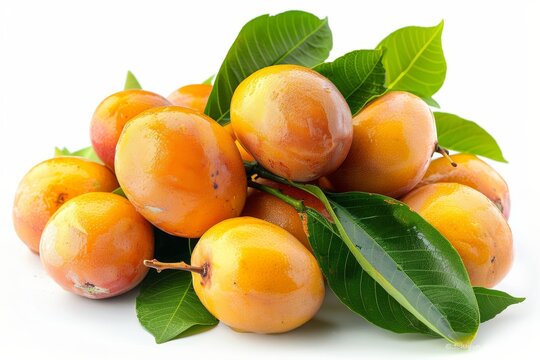 Freshly harvested langsat with leaves, isolated on white background, perfect for organic fruit displays, clean and natural look, room for copy