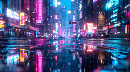 Futuristic neon city street with vibrant lights and rain reflections