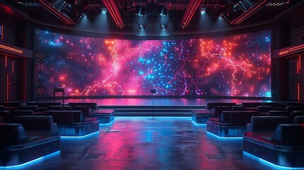 A stage set with a digital backdrop showing a 3D rendering of a neural network. Minimal and Simple style