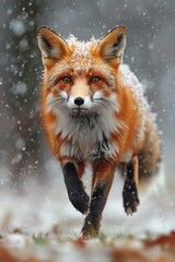 A beautiful red fox walking through a snowy forest, looking directly ahead. The winter landscape creates a serene and captivating scene.