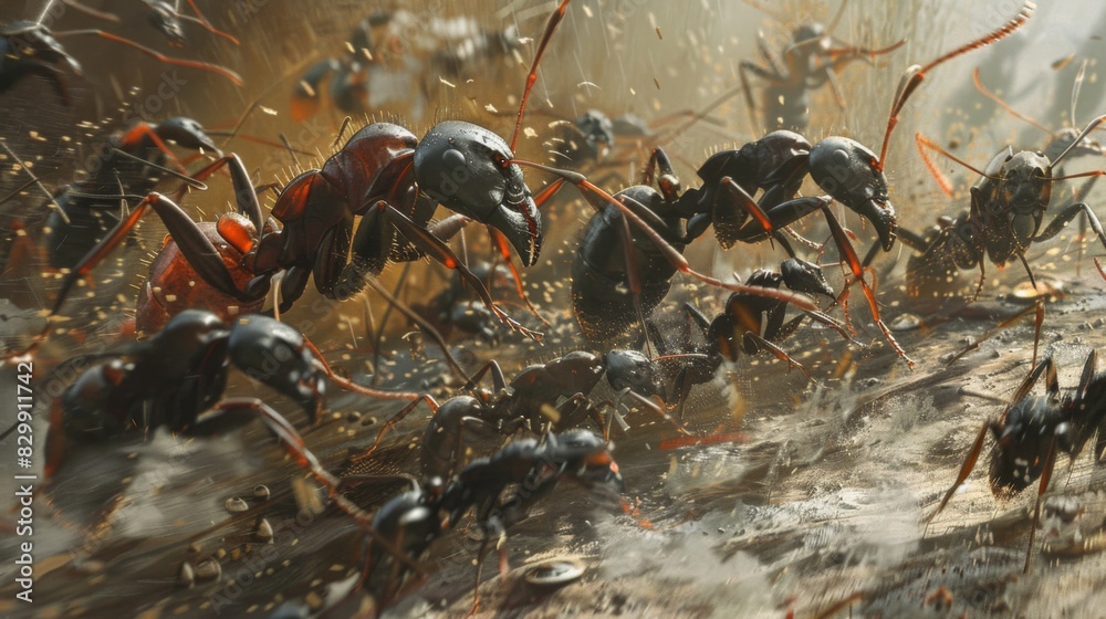 Aufkleber ants carrying out a coordinated raid on a rival colony, demonstrating their strategic behavior in de