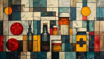 An abstract, cubist interpretation of a first aid kit with bold colors, emphasizing the geometric shapes of plasters, tweezers, and antiseptic bottles