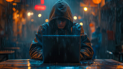 A hacker in a hoodie sitting at a desk with  computer screens display code and digital data for data cyber security concept, Photo by AI generative.