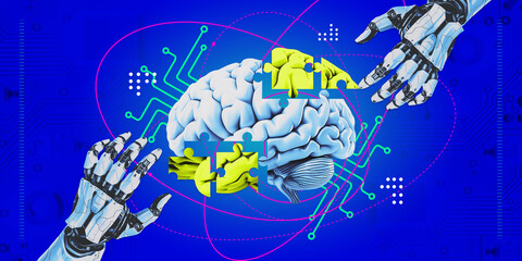 Contemporary art collage. Two robotic hands bring pieces of human brain as puzzle pieces against bright blue background. Concept of technology progress and science discoveries. Futuristic artwork.