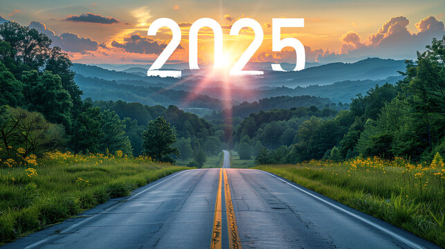2025 New Year road trip travel with nature landscape and highway road leading forward for happy new year celebration in the beginning of 2025 concept, Photo by AI generative