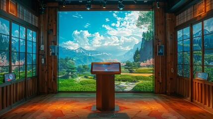 A podium with integrated touch screens, set against a backdrop showing a virtual reality landscape. Minimal and Simple style