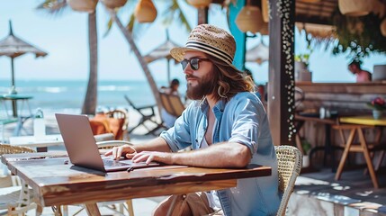 Embracing the Freedom: Inspiring Image of a Digital Nomad Creatively Engaged in Remote Work, Blending Technology and Adventure in a Vibrant Global Landscape
