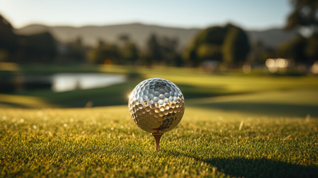Golden golf ball stands on the golf tees on the background of luxury golf course grass. A great game for the elite, an exclusive ball. generative ai