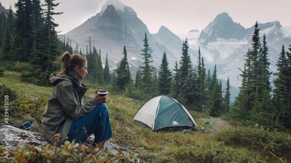 Wall mural lone hiker woman enjoying morning coffee near tent serene nature escape lifestyle photography - Wall murals