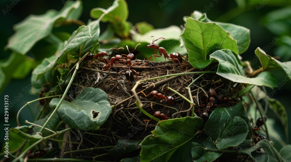 Aufkleber Ants working together to build a nest out of leaves and twigs, showcasing their cooperative behavior and teamwork.