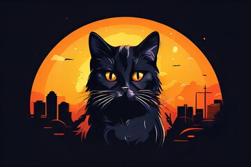 A black cat with yellow eyes is staring at the camera in front of a city skyline