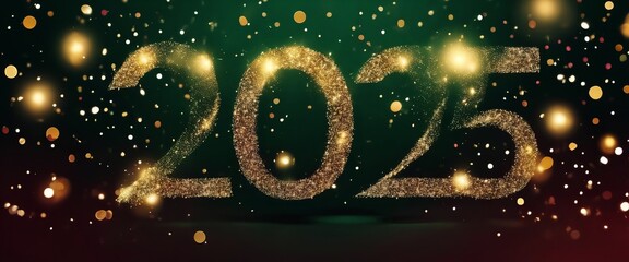 A glittery, gold and green sign that says 2025 in a fancy font