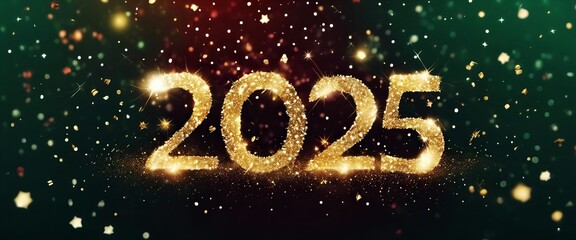 A red background with gold letters that say 2025 in the center. The background is filled with glittery stars, giving the image a festive and celebratory mood