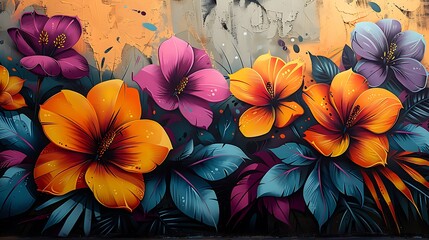 Graffiti background with graphic floral stencils, bold colors, spray paint effects, dynamic and energetic composition, urban street art vibe, bright oranges, purples, and yellows, youthful and modern.
