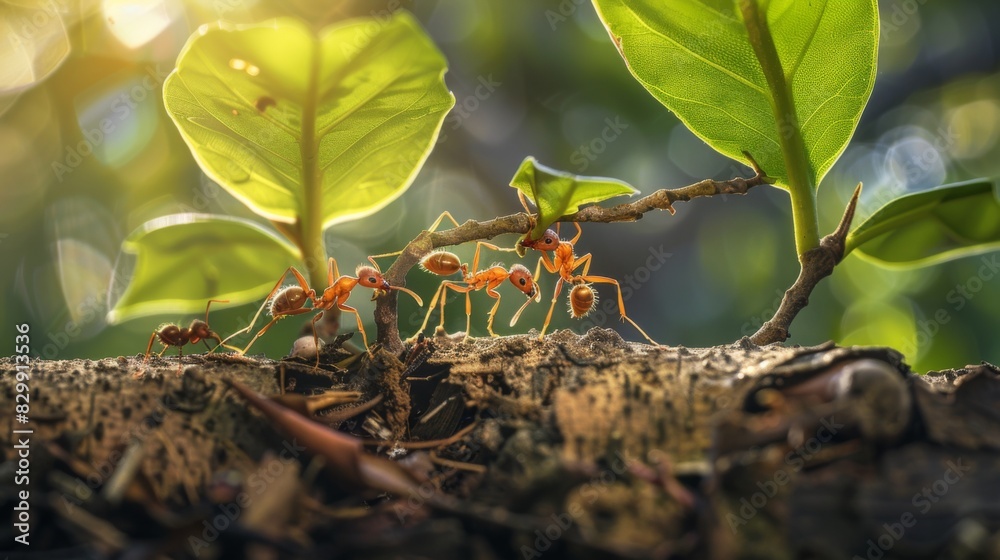 Poster Ants working together to build a nest out of leaves and twigs, showcasing their cooperative behavior and teamwork.