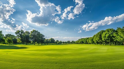 lush golf course fairway with vibrant green grass and blue sky summer sports landscape
