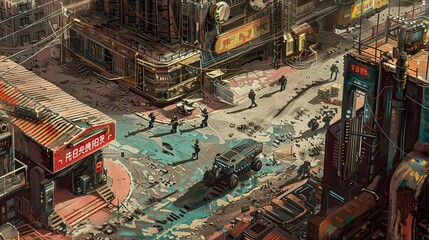 Illustrate a post-apocalyptic wasteland where rusted remnants of the past world mix with futuristic android guards patrolling crumbling streets from a high vantage point