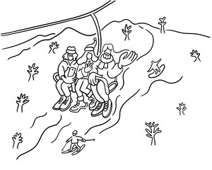 people vacation on ski resort in doodle in vector. line illustration for banner website app sticker poster