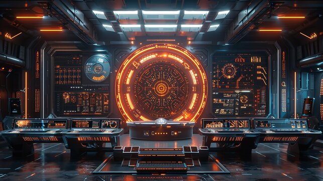 A modern stage with a podium featuring an interactive display, with a backdrop of a cybernetic interface. Minimal and Simple style