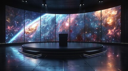 A sleek, black podium with touch-sensitive surfaces, on a stage with a backdrop of animated space exploration. Minimal and Simple style
