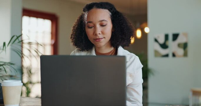 Woman, laptop and research in home office as freelance copywriter for article, report or writer. Female person, internet and seo search for trending topics for online project, website or creativity