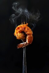 A fork with a piece of fresh fried and seasoned shrimp in centre of the frame.
