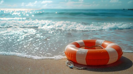 Naklejka premium The beach is clean and the water has gentle waves, with sunlight shining on it. The background features a calm sea surface with small ripples.