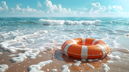 The beach is clean and the water has gentle waves, with sunlight shining on it. The background features a calm sea surface with small ripples.
