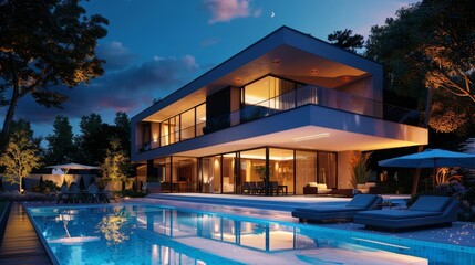 Fototapeta premium luxurious modern villa with illuminated pool and landscaped garden at night architectural 3d rendering
