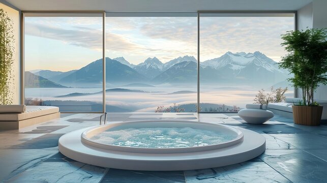 luxurious modern jacuzzi with scenic mountain view 3d illustration