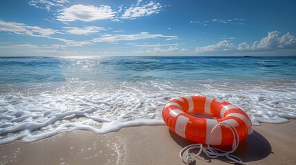 Obraz premium The beach is clean and the water has gentle waves, with sunlight shining on it. The background features a calm sea surface with small ripples.