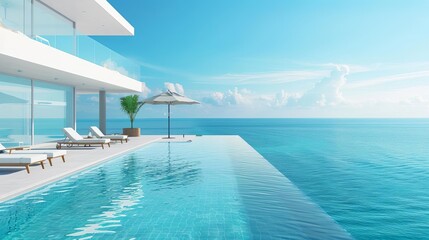 luxurious modern white beach hotel with infinity pool overlooking the sea sunbeds on sundeck edited photograph