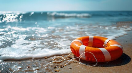 Obraz premium The beach is clean and the water has gentle waves, with sunlight shining on it. The background features a calm sea surface with small ripples.