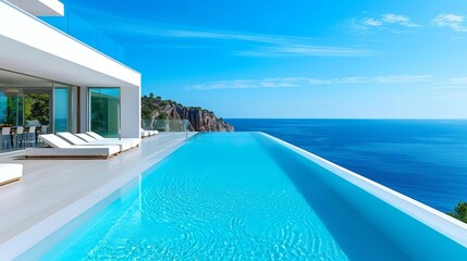 Fototapeta premium luxurious modern white beach hotel with infinity pool overlooking the sea sunbeds on sundeck edited photograph