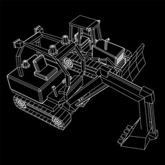 Heavy equipment excavator machine manufacturing power equipment for open pit mining. Wireframe low poly mesh vector illustration