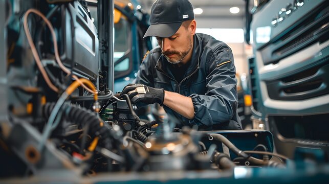The mechanic is working on the engine of an electric truck, which has wires and other parts attached to it. He wears dark blue work  with blue gloves and hat. 