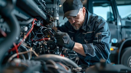 The mechanic is working on the engine of an electric truck, which has wires and other parts attached to it. He wears dark blue work  with blue gloves and hat. 
