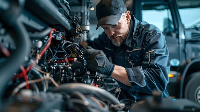 The mechanic is working on the engine of an electric truck, which has wires and other parts attached to it. He wears dark blue work  with blue gloves and hat. 