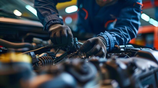 The mechanic is working on the engine of an electric truck, which has wires and other parts attached to it. He wears dark blue work  with blue gloves and hat. 