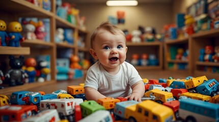 A mischievous cartoon baby causing chaos in a toy store  ai_generated