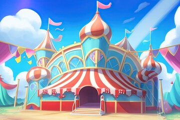 Amusement park. Carnival circus tent. Festive fair entertainment attractions