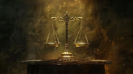 antique bronze scale of justice on a rich wooden surface symbolizing traditional legal values and principles lowkey lighting digital painting