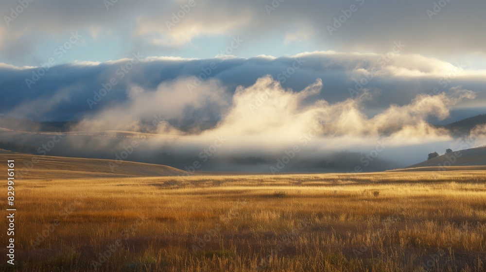 Poster Low-lying stratus clouds blanketing the sky, creating a soft and diffuse light that gently illuminates the landscape