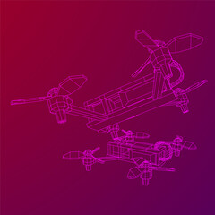 FPV Drone Racing freestyle sport flight. Hobby toys. Wireframe low poly mesh vector illustration.